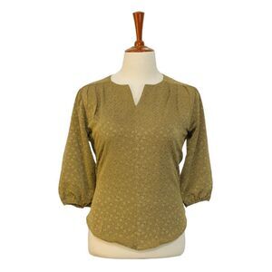 Womens Silky Blouse Floral Olive Green 3/4 Sleeve V-Neck Relaxed Loose Top Large